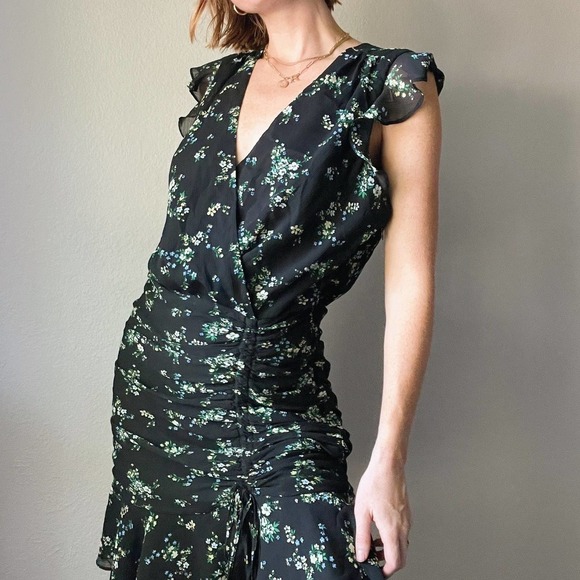 Banana Republic Black Floral Ruched Wrap Ruffle Mini Dress - Picture 2 of 7